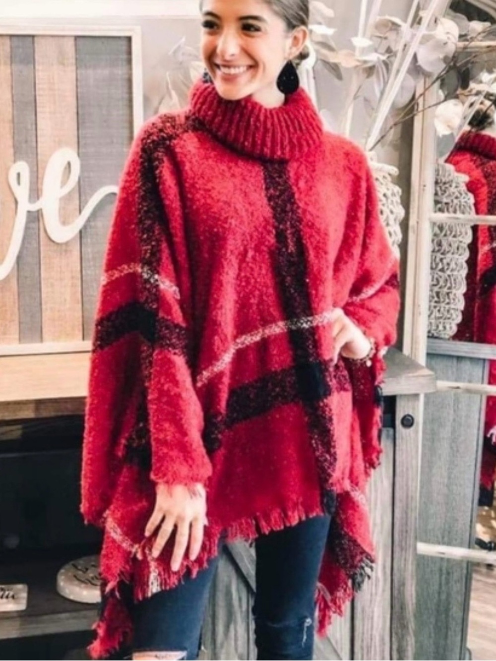 Rust Plaid Turtleneck Poncho Sweater - Women